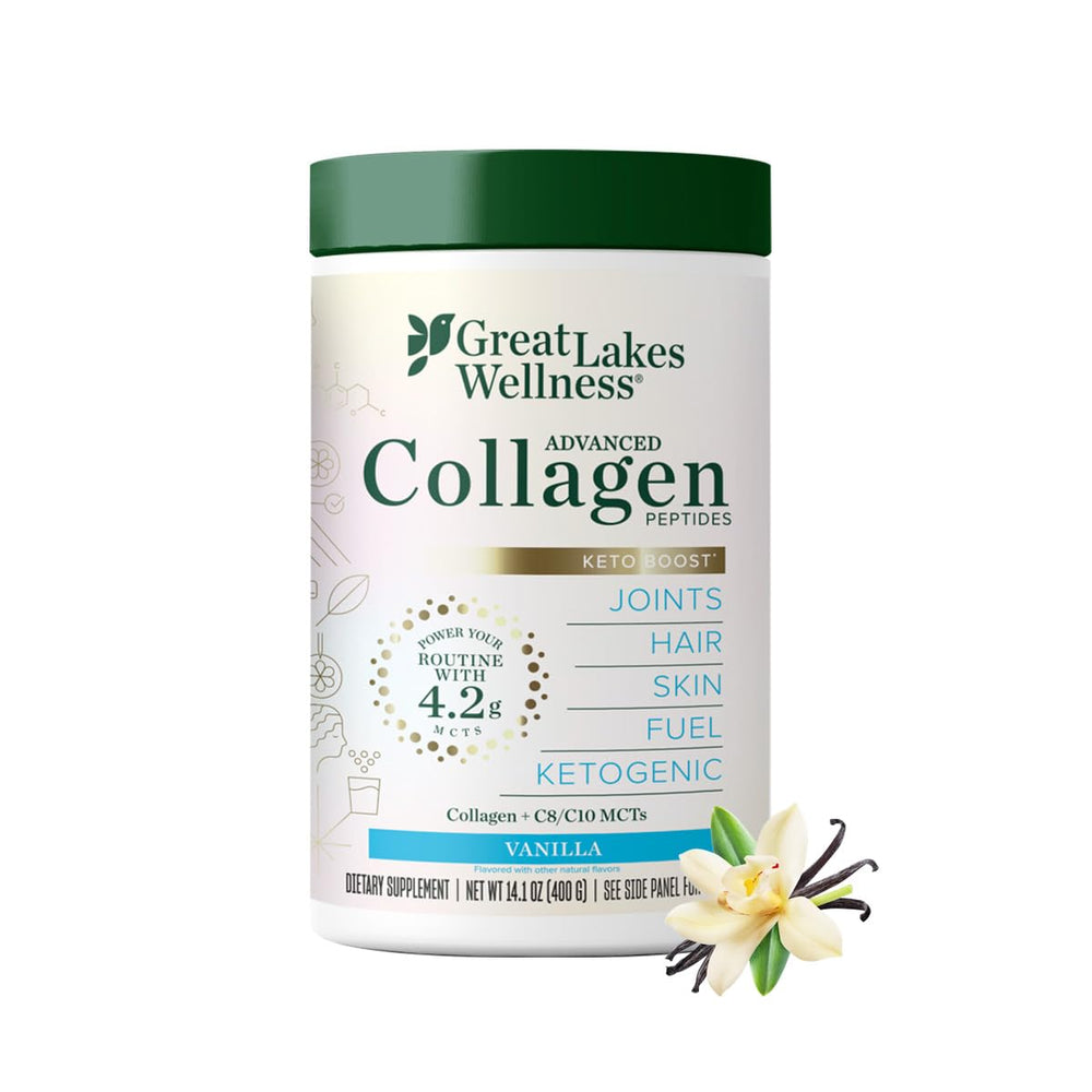 Great Lakes Wellness Keto Boost Vanilla bottle shows keto-friendly collagen for coffee