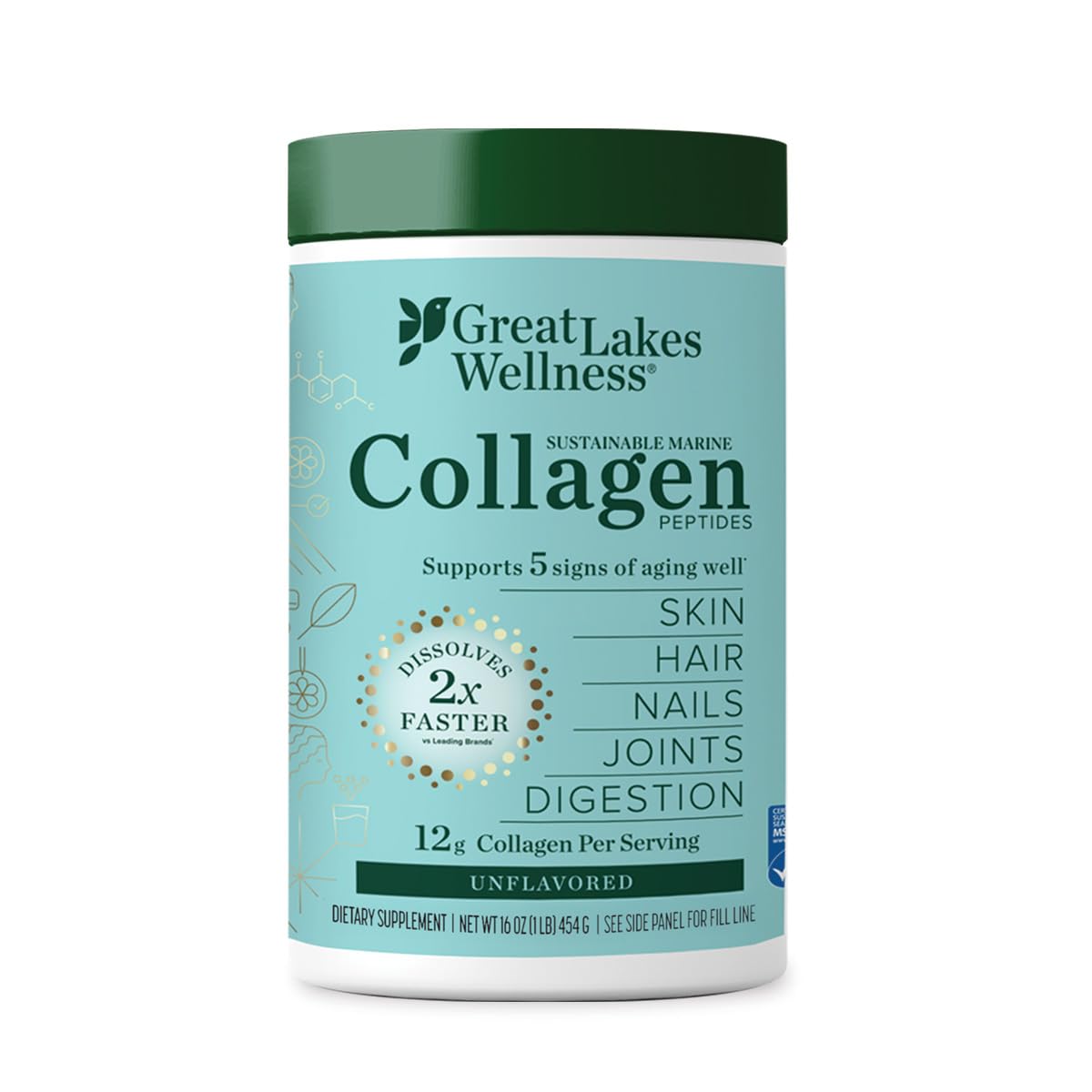 Great Lakes Wellness marine collagen powder dissolves rapidly in hot or cold beverages