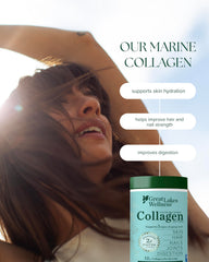 Great Lakes Wellness marine collagen bottle shown with glass of water for hydration