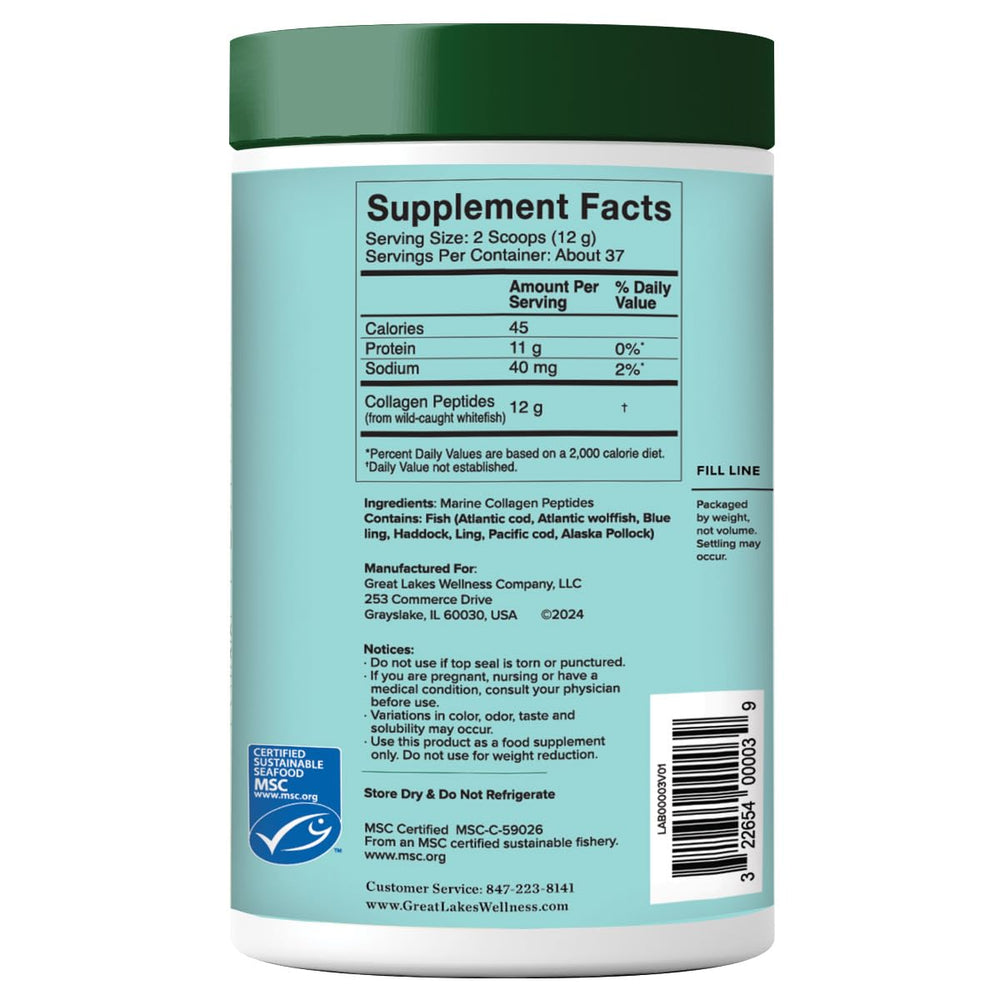 Great Lakes Wellness MSC-certified wild-caught marine collagen bottle emphasizes eco-friendly sourcing