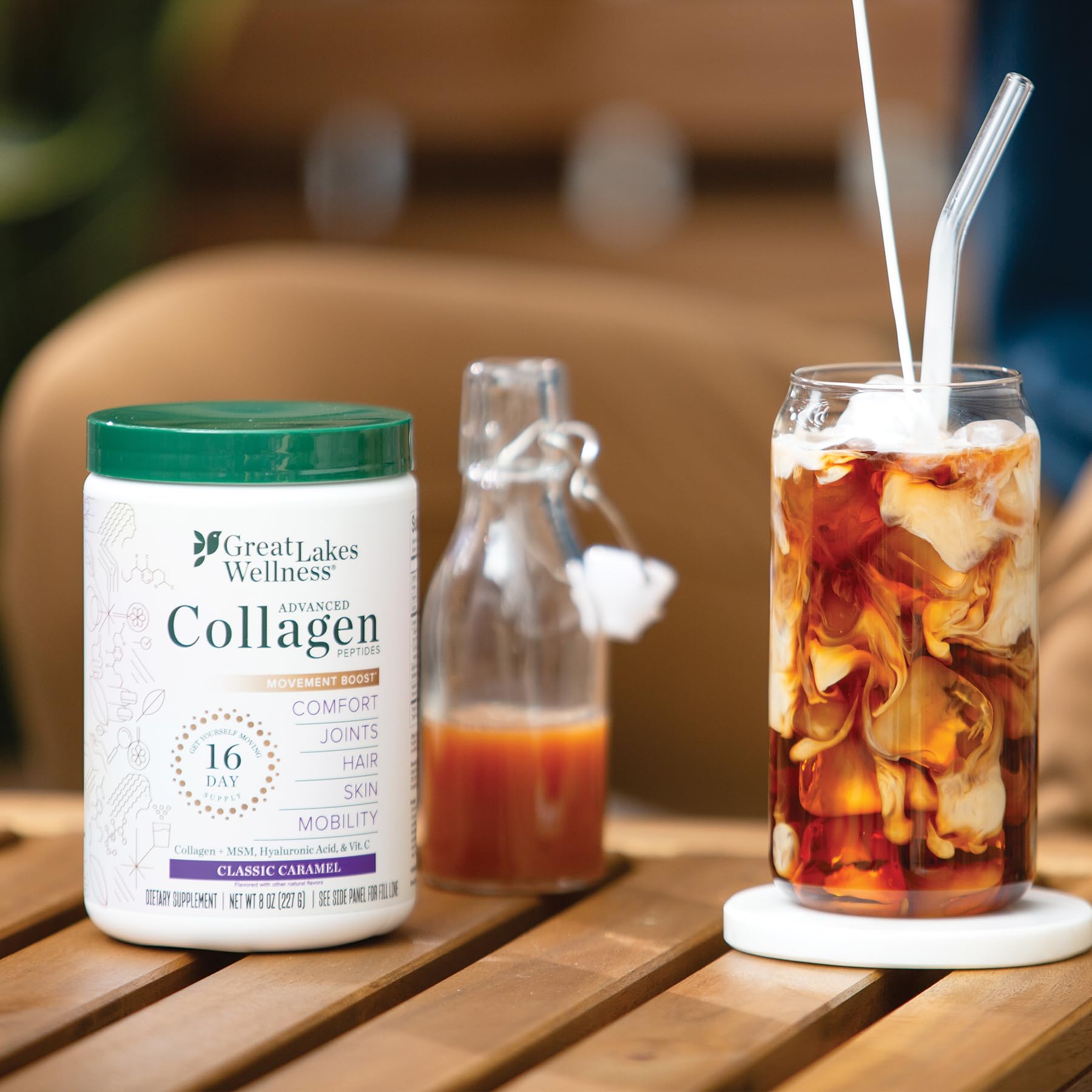 Great Lakes Wellness Movement Boost powder dissolving in water illustrates fast blending.