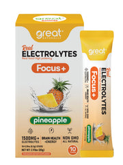 Great Naturally Focus+ bottle close-up showing electrolyte blend for hydration