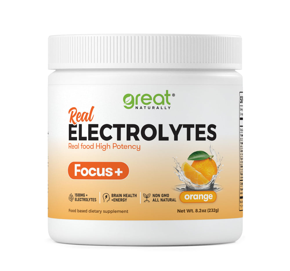 Great Naturally Focus+ Orange bottle front showing hydration and focus support.