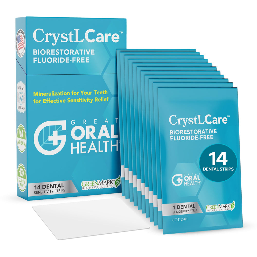 Great Oral Health CrystLCare strips applied to two teeth for targeted enamel remineralization.
