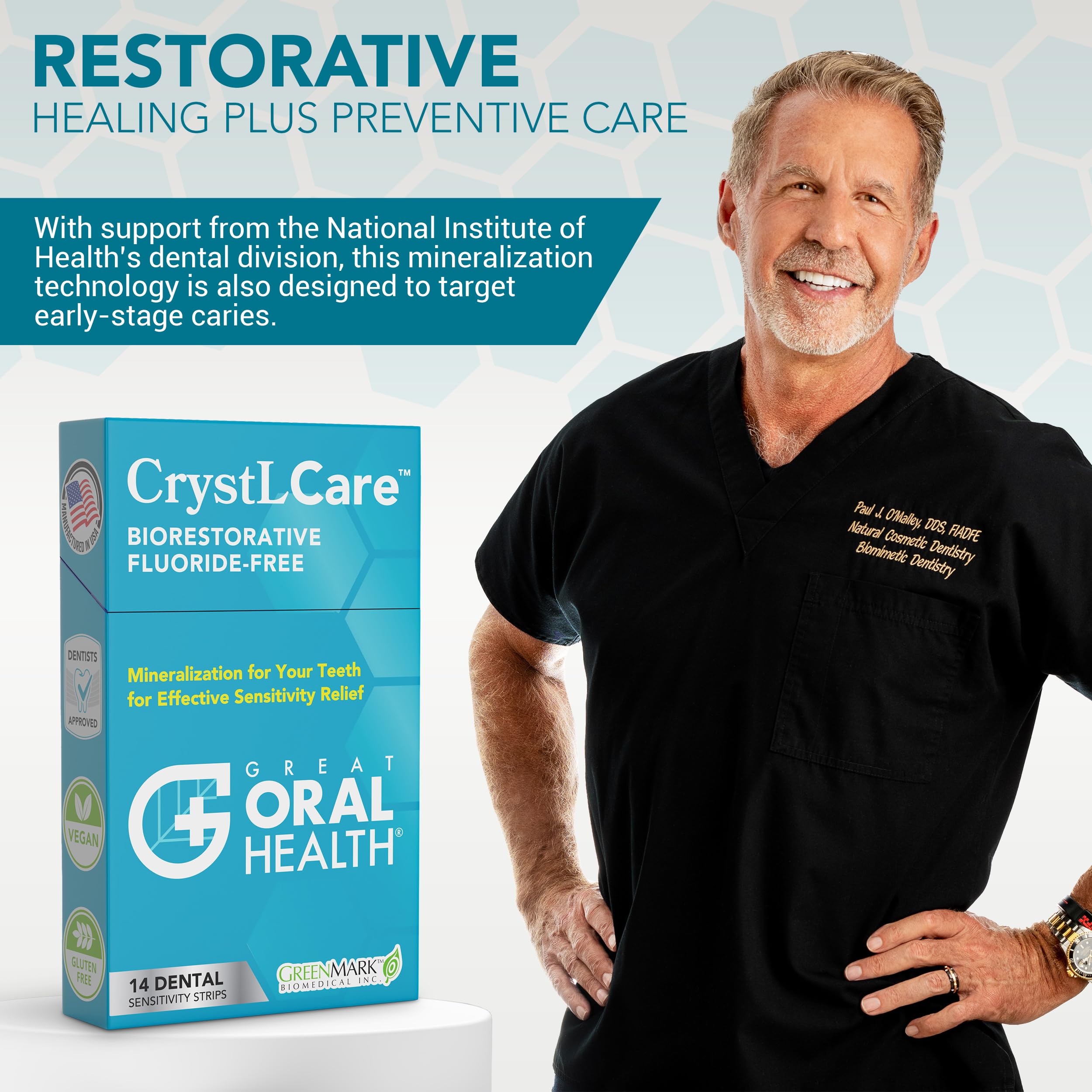 CrystLCare strip on multiple teeth for spot treatment.
