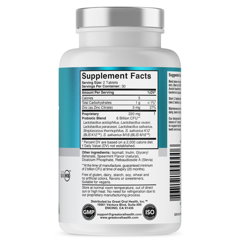 Great Oral Health mint probiotic tablets delivering a fresh aftertaste