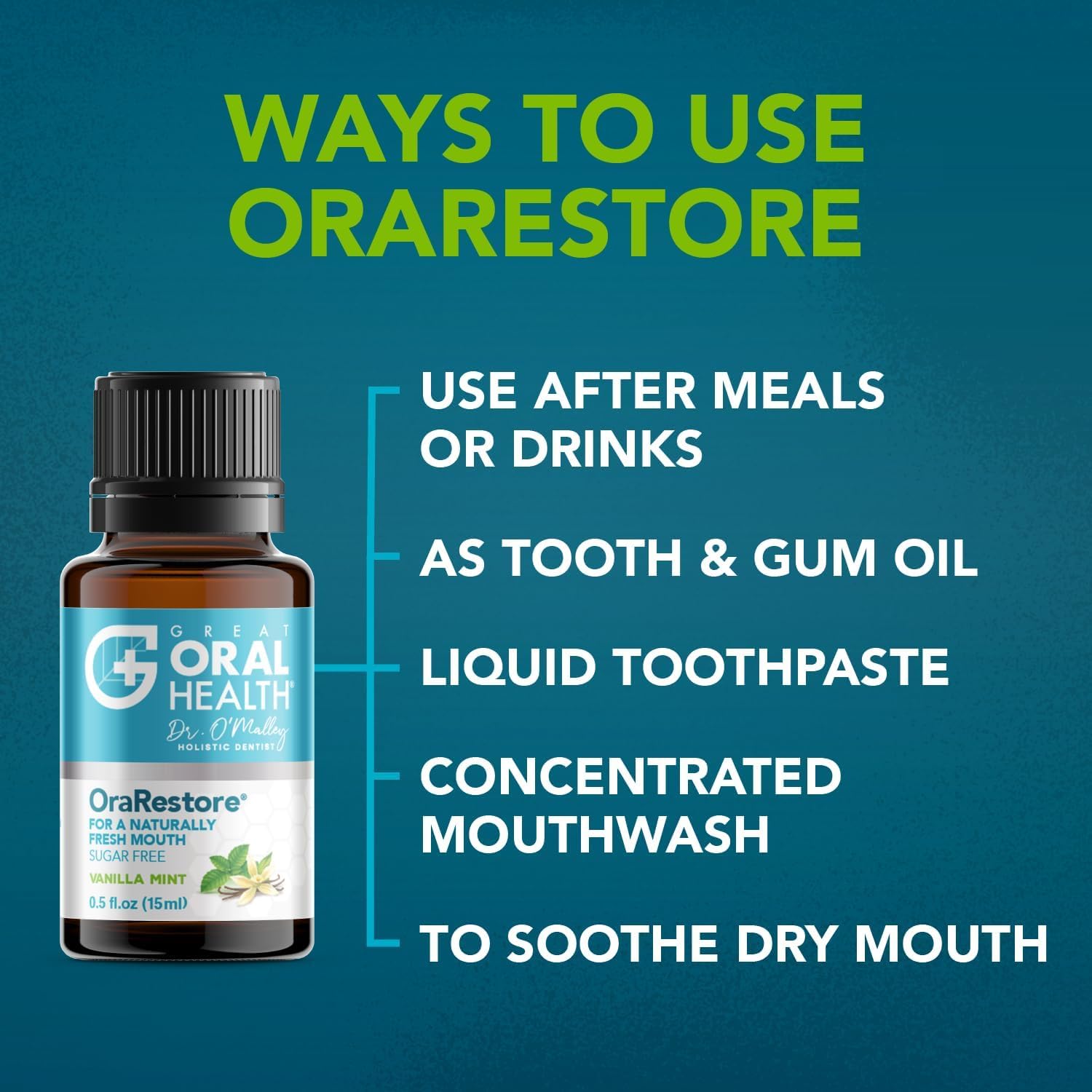 OraRestore amber glass bottle emphasizes potency and enamel safety