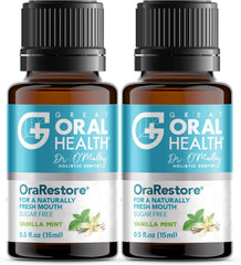 OraRestore bottle for long-lasting fresh breath on a bathroom shelf