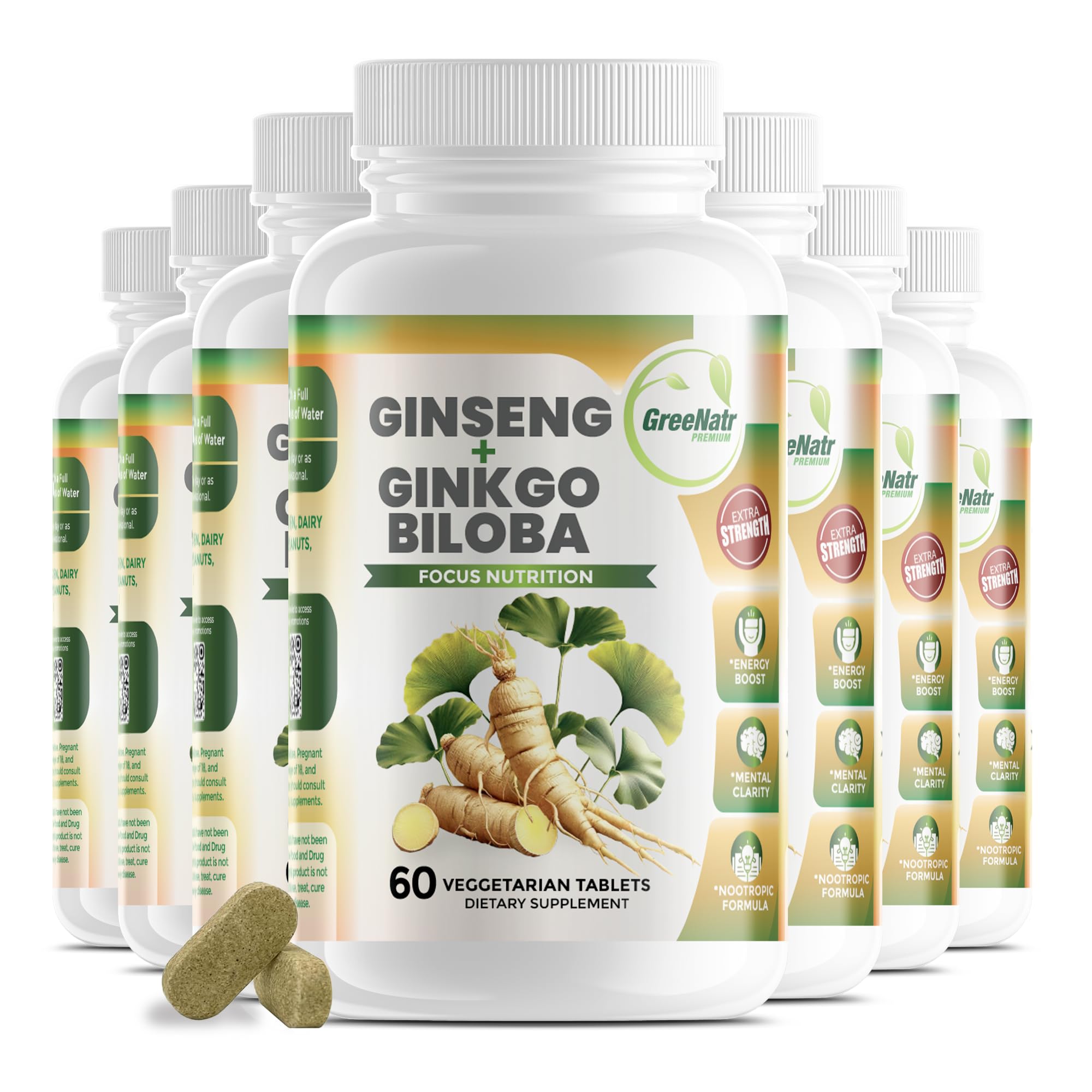 GreeNatr Ginko Biloba & Panax Ginseng bottle front promotes mental focus for busy mornings