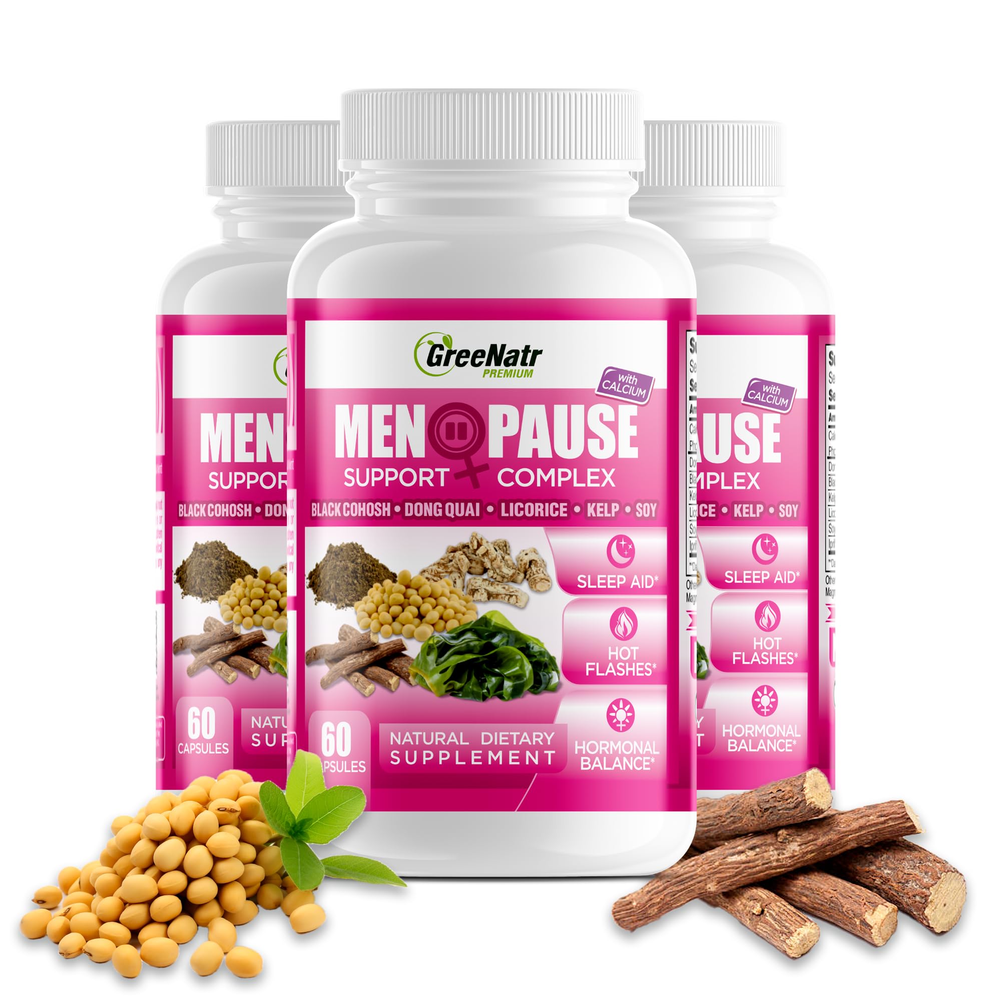 GreeNatr menopause supplements bottle front suggesting natural relief for hot flashes.