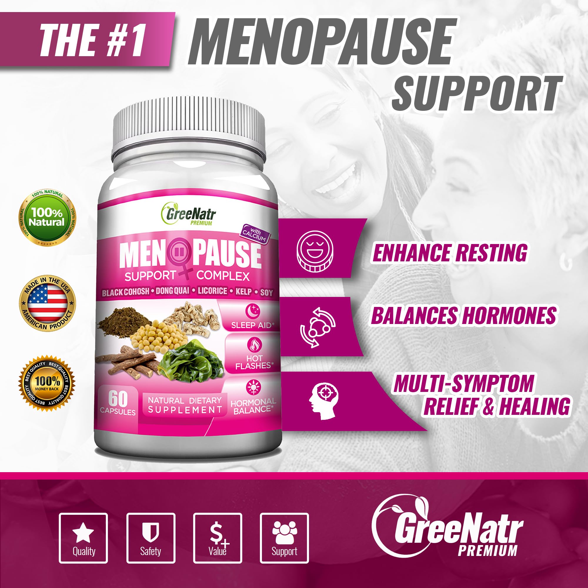 GreeNatr menopause supplements bottle side view for daily use.