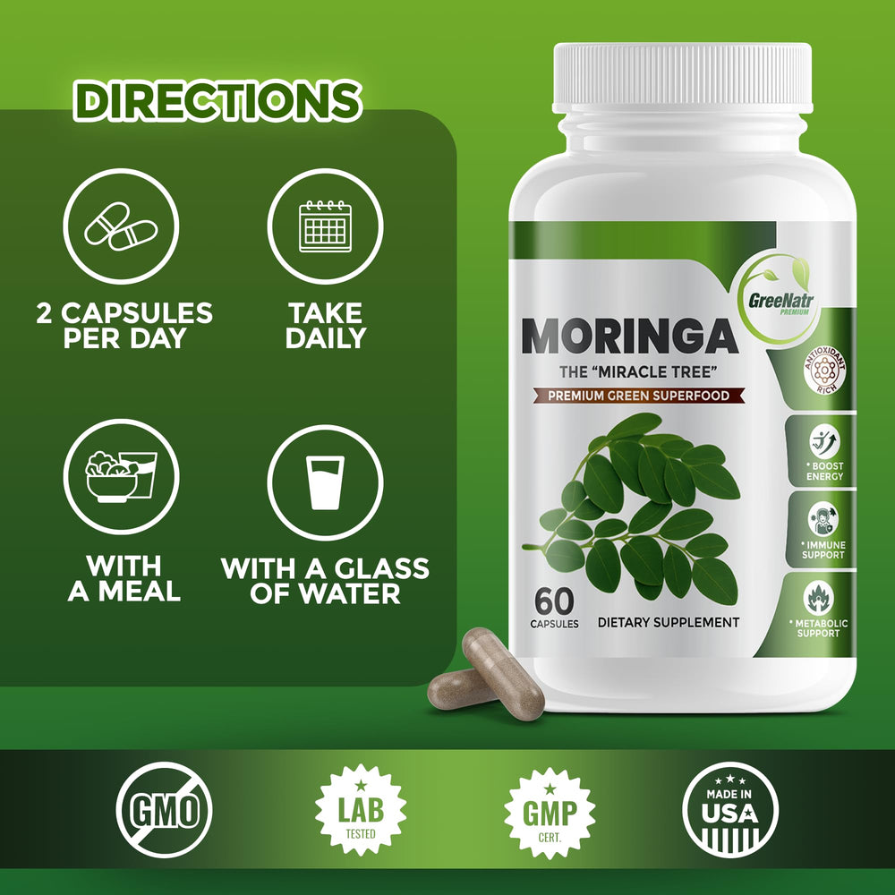 GreeNatr mind and focus support with moringa capsules on a desk.