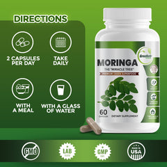 GreeNatr mind and focus support with moringa capsules on a desk.