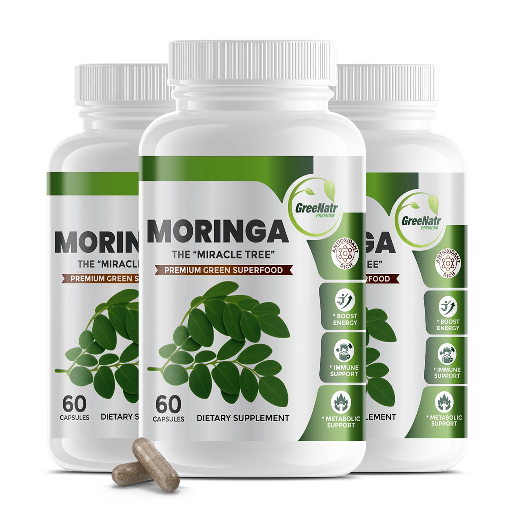 GreeNatr Pure Moringa capsules bottle for natural energy on busy days.