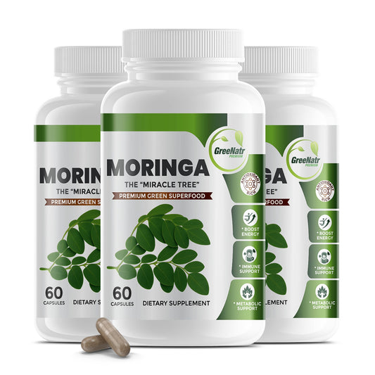 GreeNatr Pure Moringa capsules bottle for natural energy on busy days.