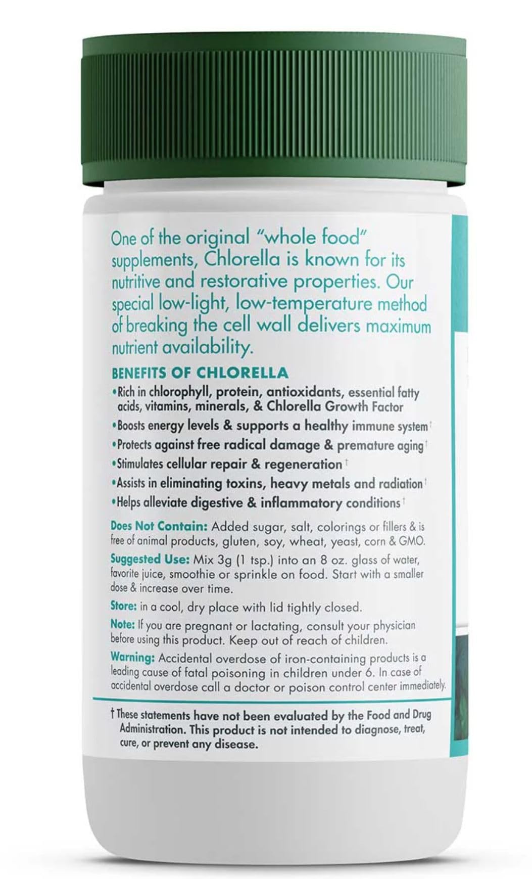 Included scoop for precise Green Foods chlorella powder dosing