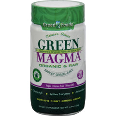 Green Foods Green Magma bottle featuring organic gluten-free barley grass powder.