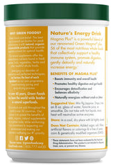 Close-up of Green Foods Magma Plus Powder label on the tub