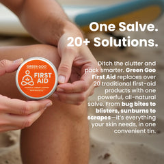 Green Goo packaging illustrates natural, plant-based first aid care.