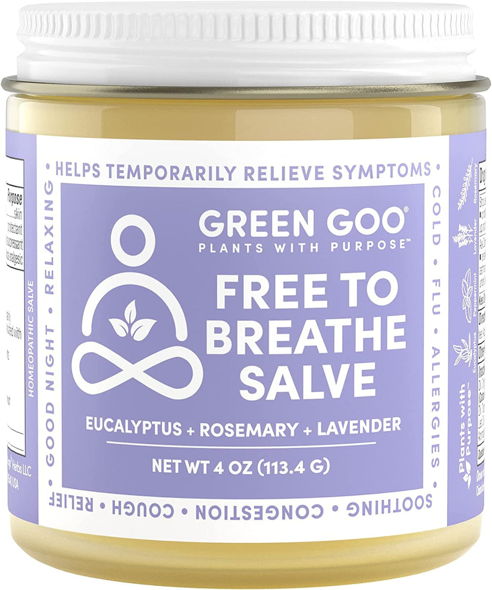 Green Goo Free To Breathe chest rub jar showcases natural ingredients for congestion relief.