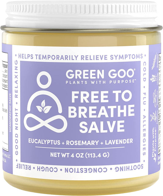 Green Goo Free To Breathe chest rub jar showcases natural ingredients for congestion relief.