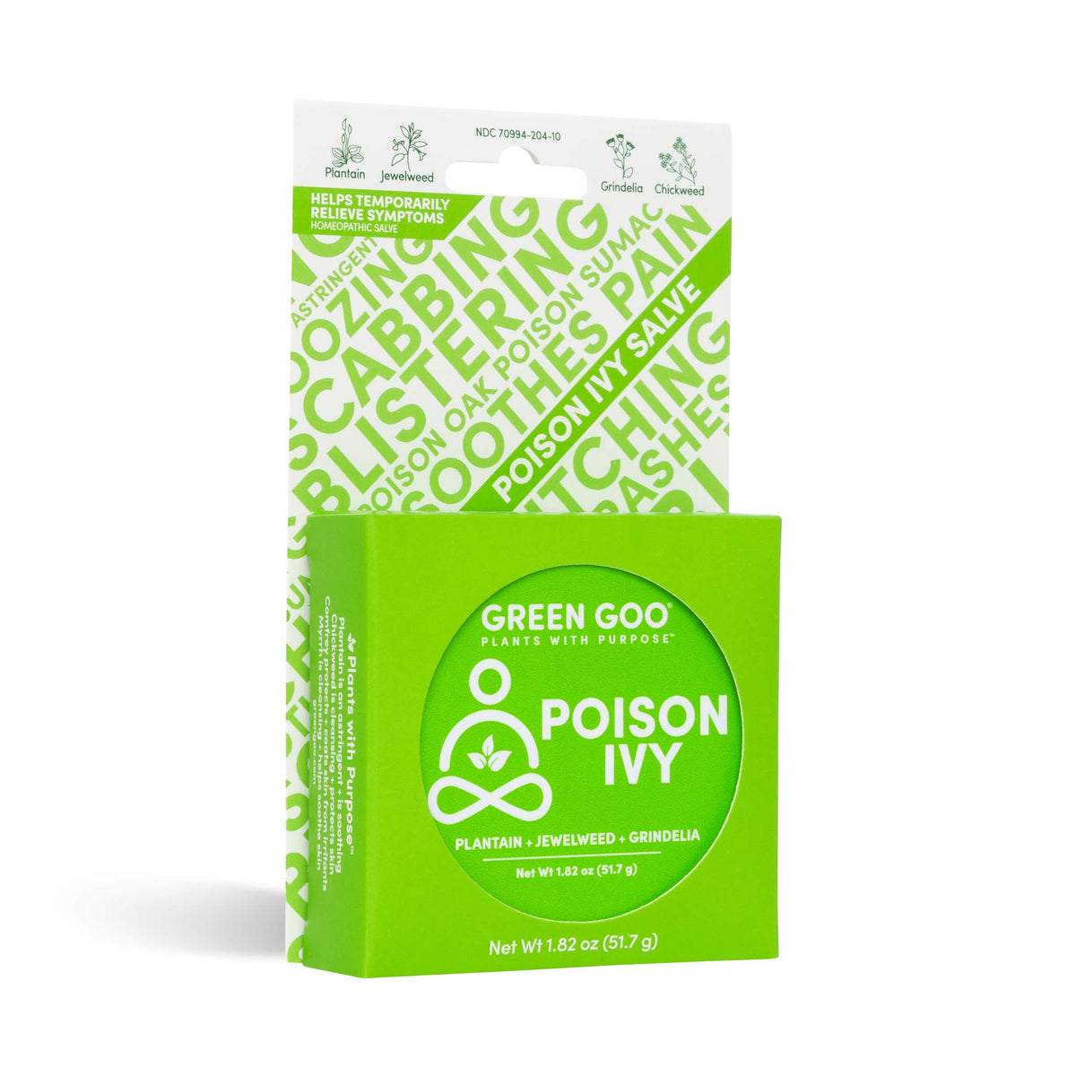 Green Goo Poison Ivy Salve jar with plant-based formula for soothing irritated skin.