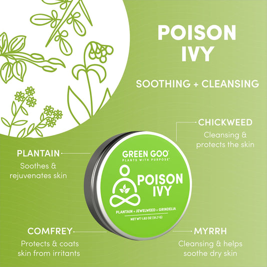 Green Goo Poison Ivy Salve packaging emphasizing natural, cruelty-free, paraben-free care.