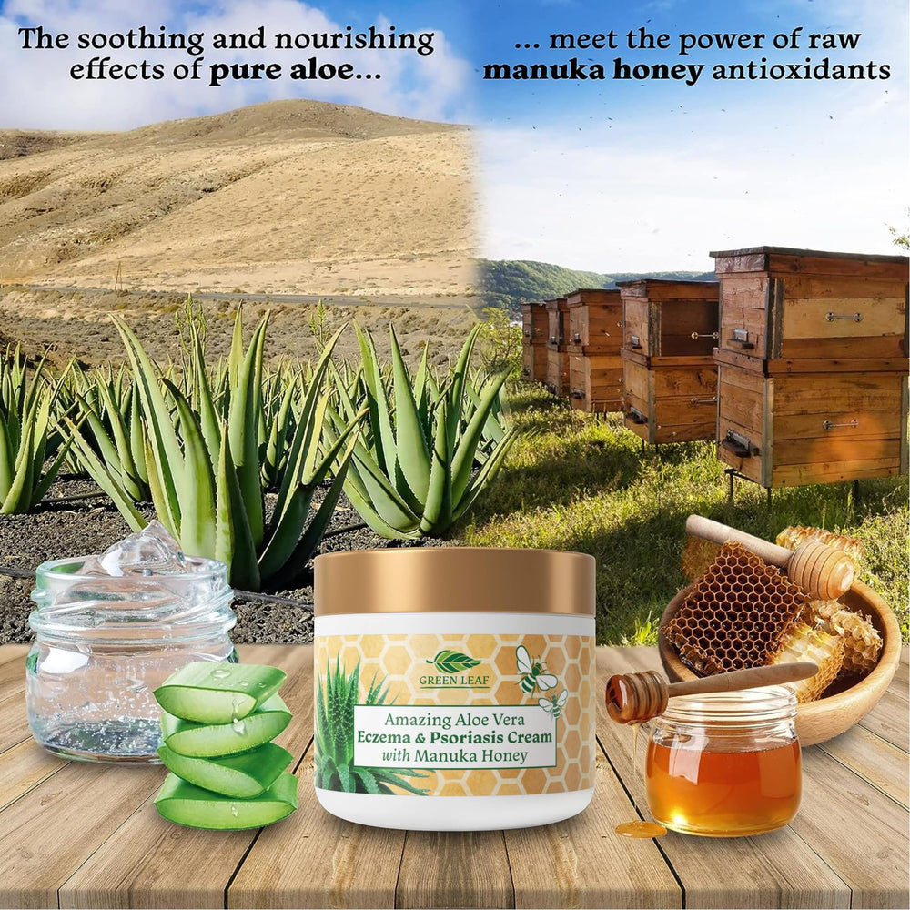 Green Leaf Naturals Aloe Vera and Manuka Honey ingredients close-up for hydration.