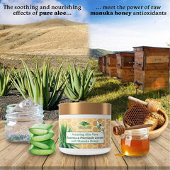 Green Leaf Naturals Aloe Vera and Manuka Honey ingredients close-up for hydration.