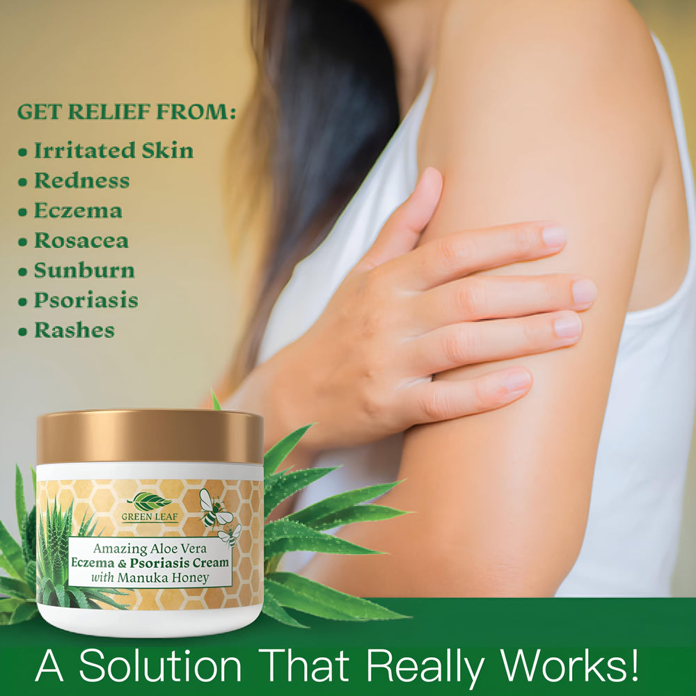 Green Leaf Naturals eczema cream texture close-up highlights creamy consistency.