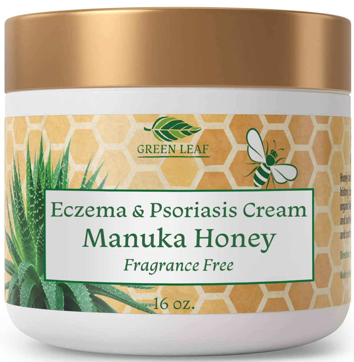 Green Leaf Naturals Manuka Honey Eczema Cream bottle in 16oz size for daily moisturization.