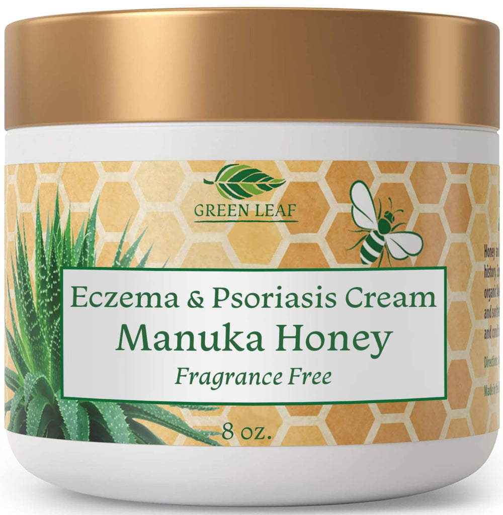 Green Leaf Naturals Manuka Honey Eczema Cream bottle, fragrance-free deep hydration for skin.