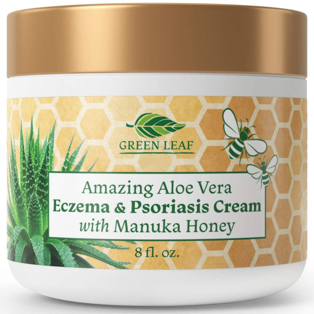 Green Leaf Naturals Manuka Honey Eczema Cream jar shows rich texture for deep hydration.