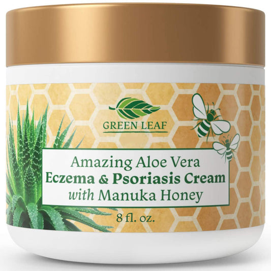 Green Leaf Naturals Manuka Honey Eczema Cream jar shows rich texture for deep hydration.