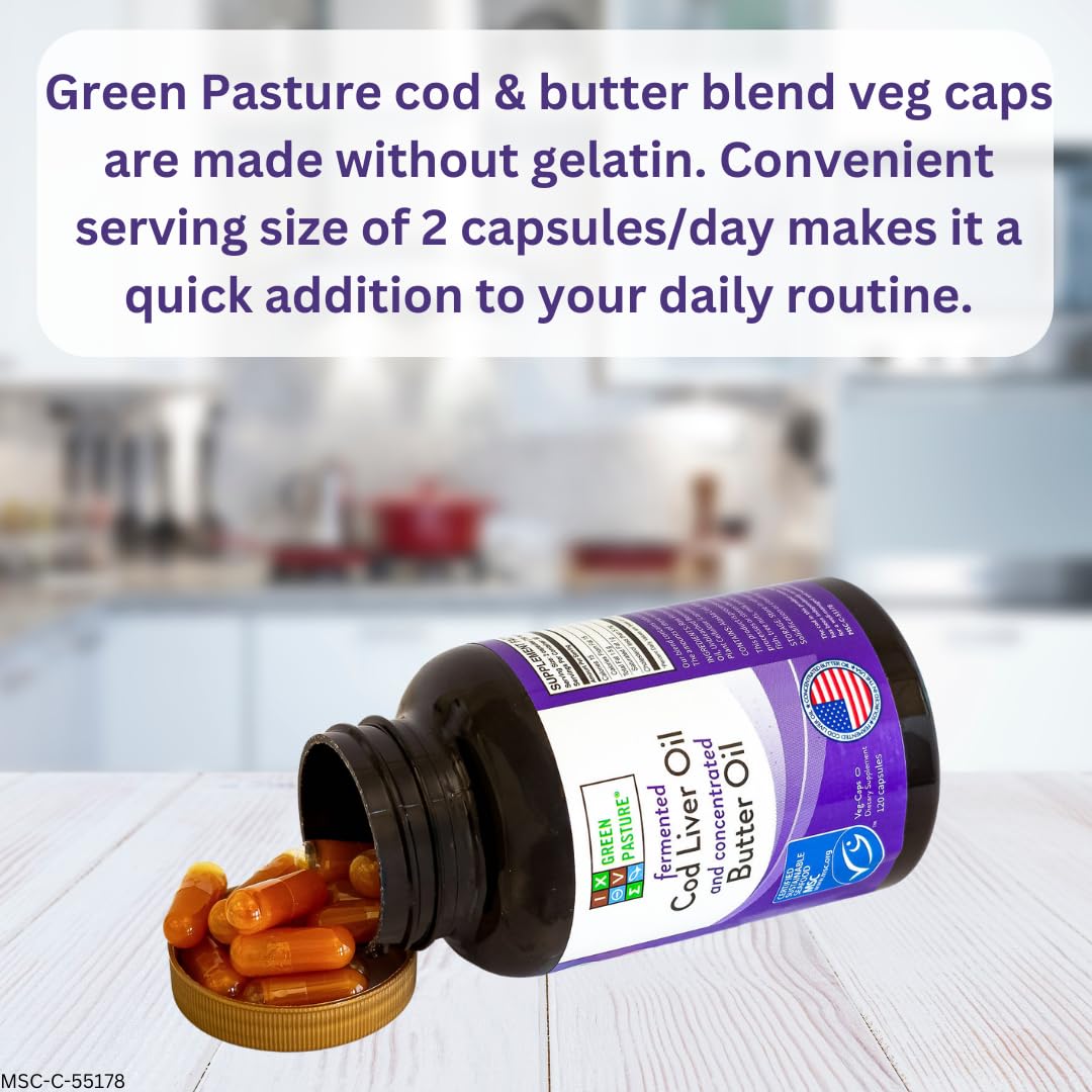 Green Pasture capsules closeup showing easy-to-swallow daily supplement format for adults and children.