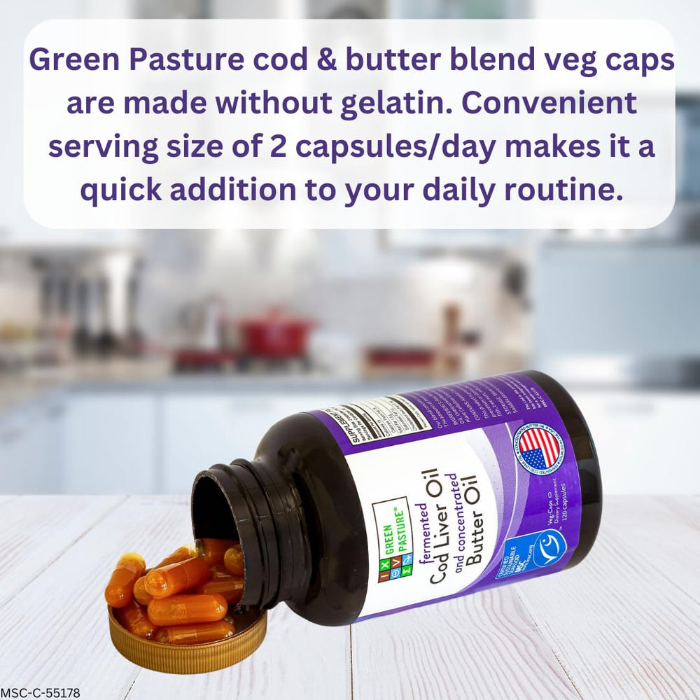 Green Pasture capsules closeup showing easy-to-swallow daily supplement format for adults and children.