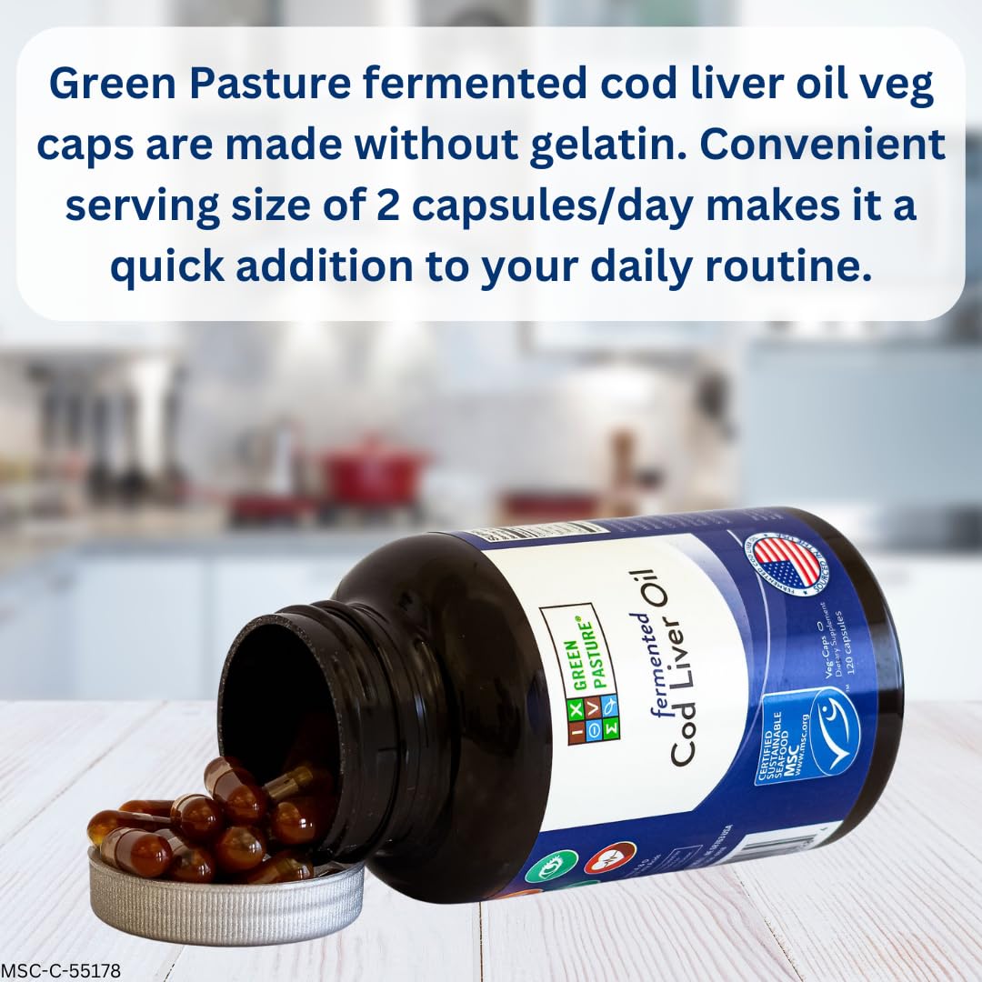 Green Pasture capsules closeup highlighting easy-to-swallow omega-3 and vitamins A and D