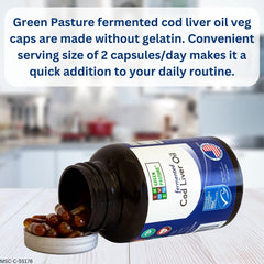 Green Pasture capsules closeup highlighting easy-to-swallow omega-3 and vitamins A and D
