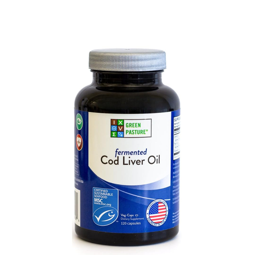 Green Pasture fermented cod liver oil bottle showing a convenient daily supplement