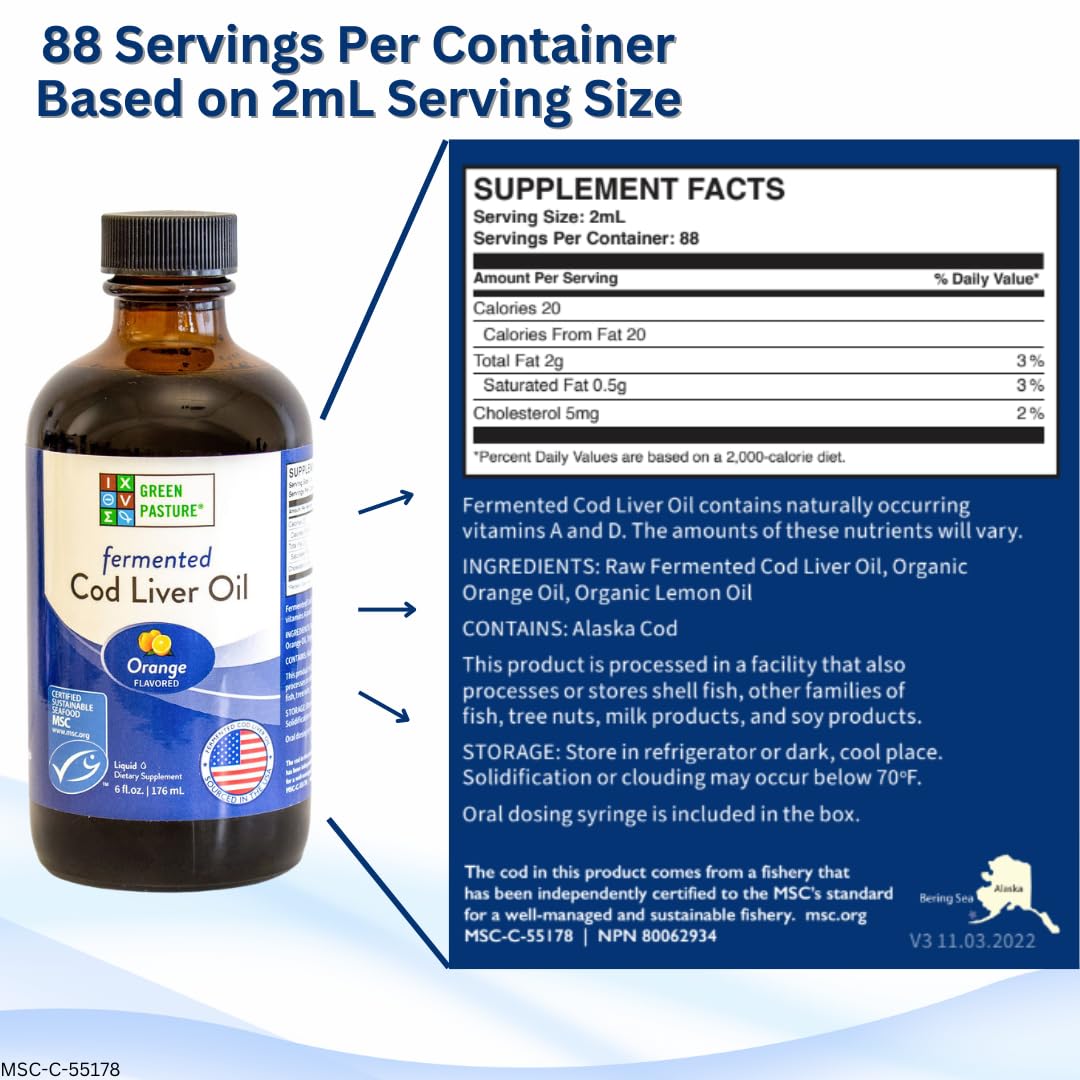 Green Pasture liquid cod liver oil ready for daily use with a spoon