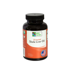 Green Pasture fermented skate liver oil bottle highlighting traditional fermentation and nutrient focus.