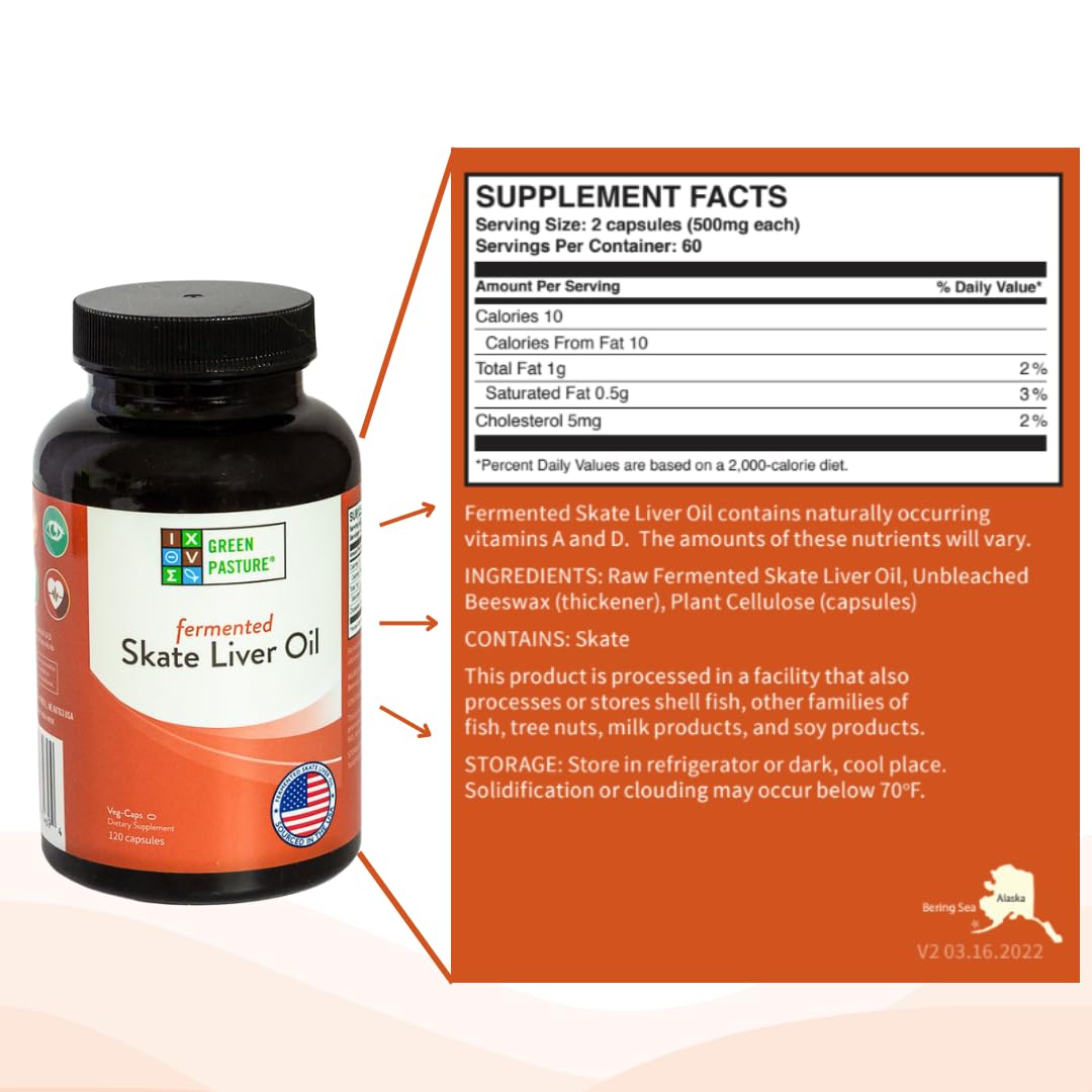 Green Pasture skate liver oil capsules ready for daily supplementation and travel.