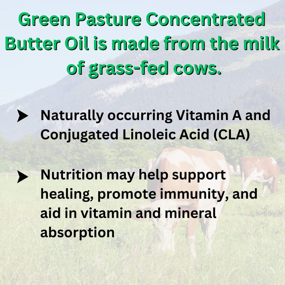 Green Pasture branding emphasizing clean, natural nutrition from traditional sources.