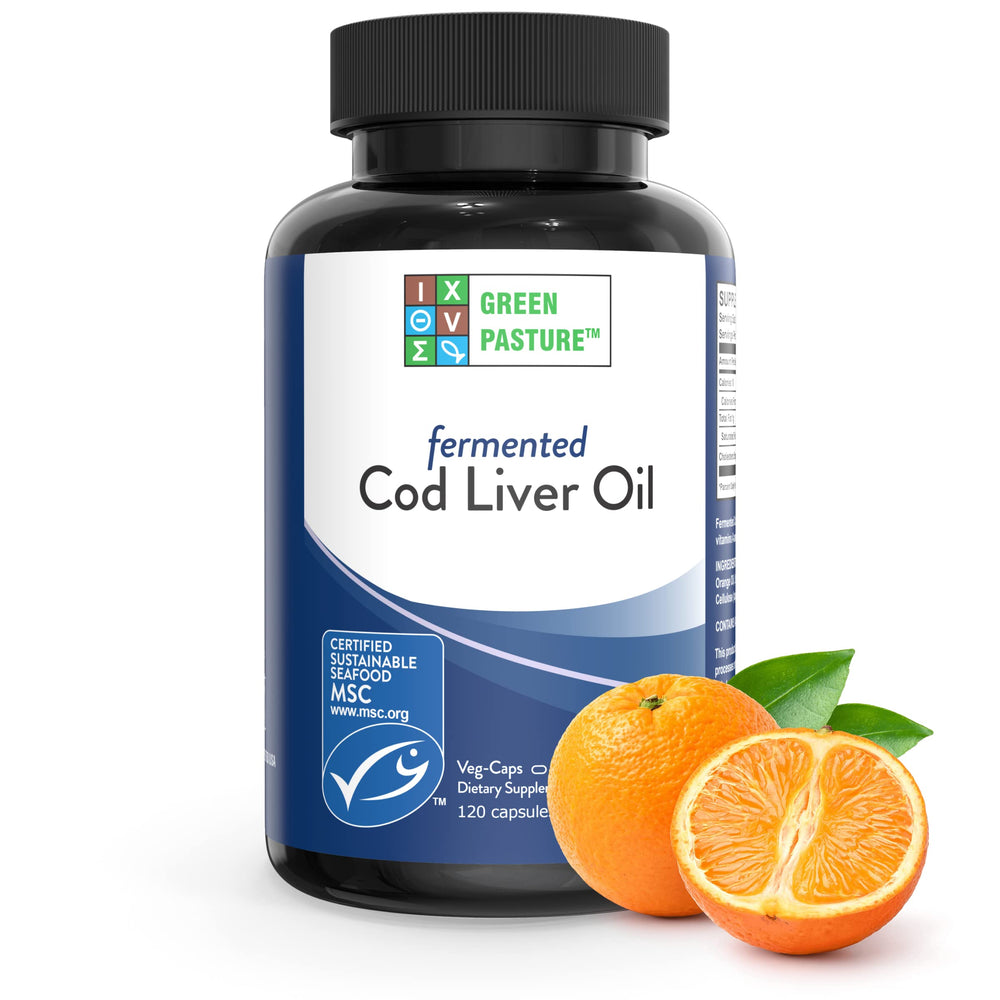 Green Pasture orange flavored cod liver oil bottle for easy daily use