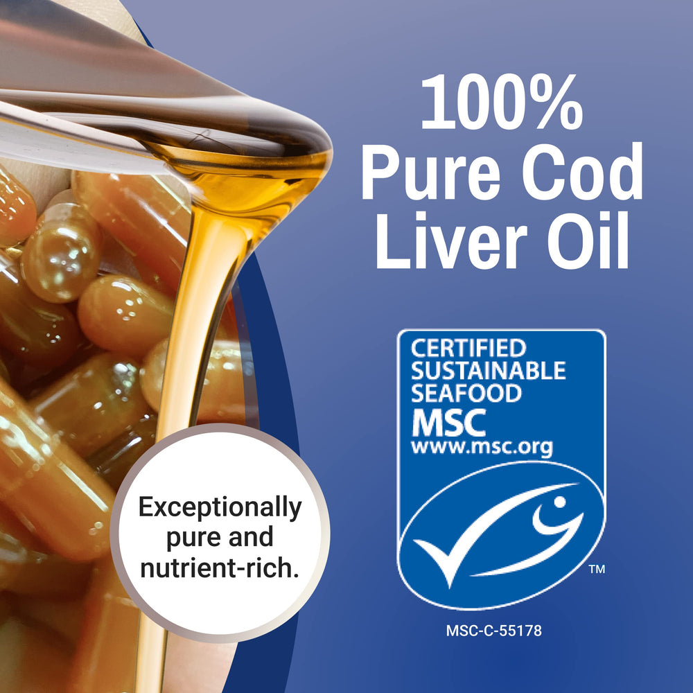 Wild Alaska cod liver oil packaging with ocean art signaling sustainable sourcing