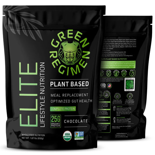 Green Regimen Elite chocolate protein powder tub for active lifestyles