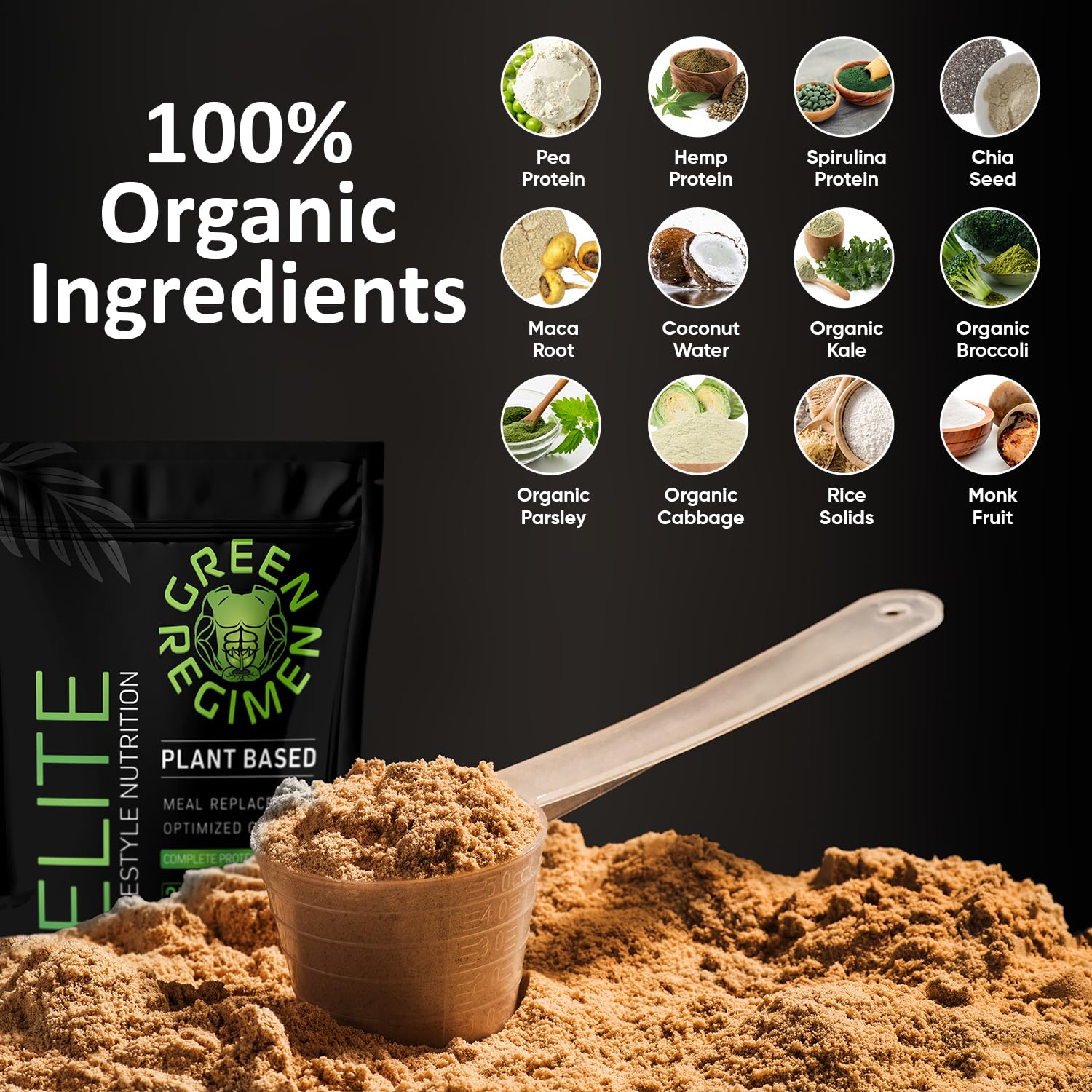 Green Regimen Elite measuring scoop with powder highlighting 25g protein per serving