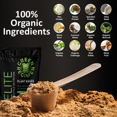 Green Regimen Elite measuring scoop with powder highlighting 25g protein per serving