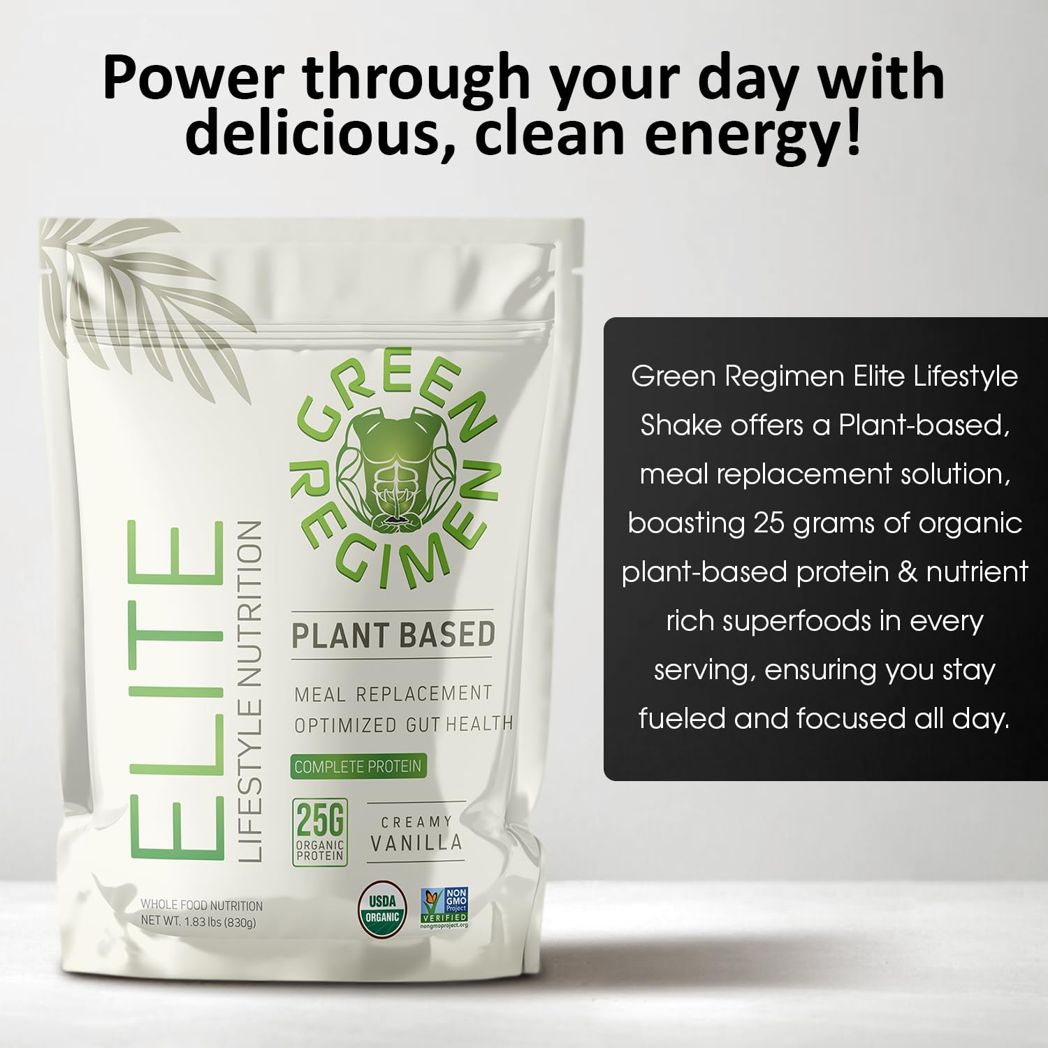 Close-up of Green Regimen Elite label on vanilla protein container