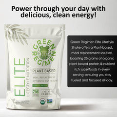 Close-up of Green Regimen Elite label on vanilla protein container